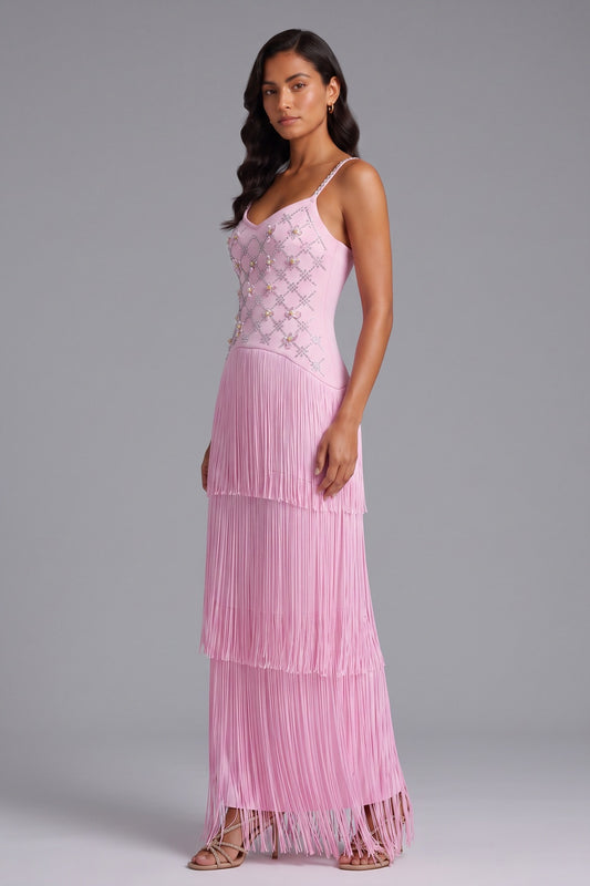 Rhinestone Floral Fringe Spaghetti Strap Maxi Dress