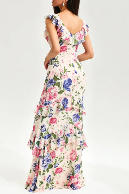 FLORAL TIERED RUFFLE HEM FISHTAIL MAXI DRESS
