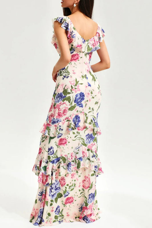 FLORAL TIERED RUFFLE HEM FISHTAIL MAXI DRESS