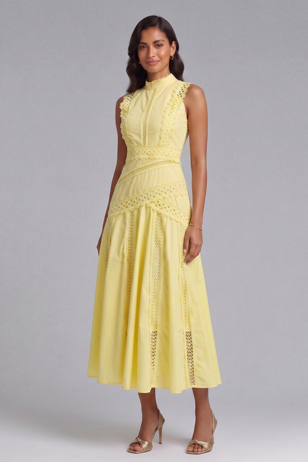Yellow A-Line Midi Dress with Lace Inserts yellow lightweight woven cotton-blend dress - product view 4