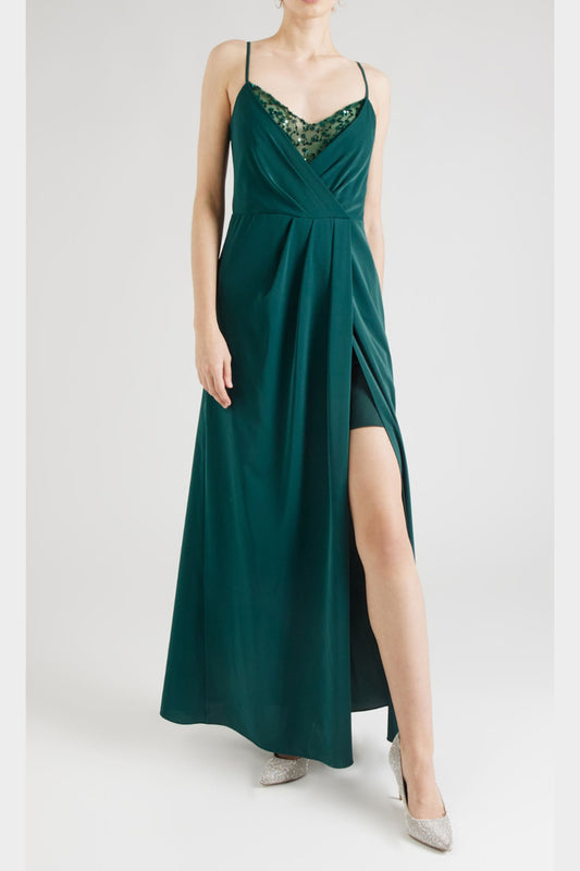 crystal embellished pleated maxi dress in green