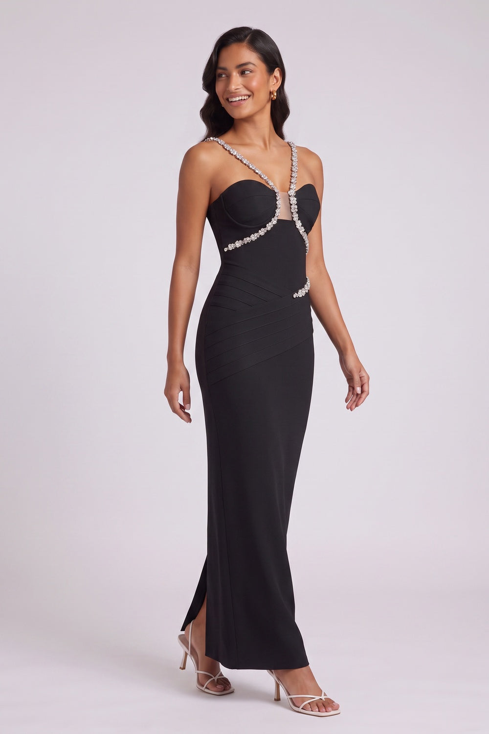 Black Heavy Stretch Knit Column Evening Gown with Crystal Embellishments black heavy stretch knit evening gown - product view 3