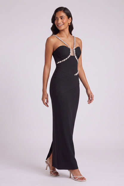 Black Heavy Stretch Knit Column Evening Gown with Crystal Embellishments black heavy stretch knit evening gown - product view 3