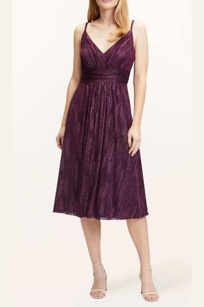 v-neckline cocktail midi dress in bordeaux