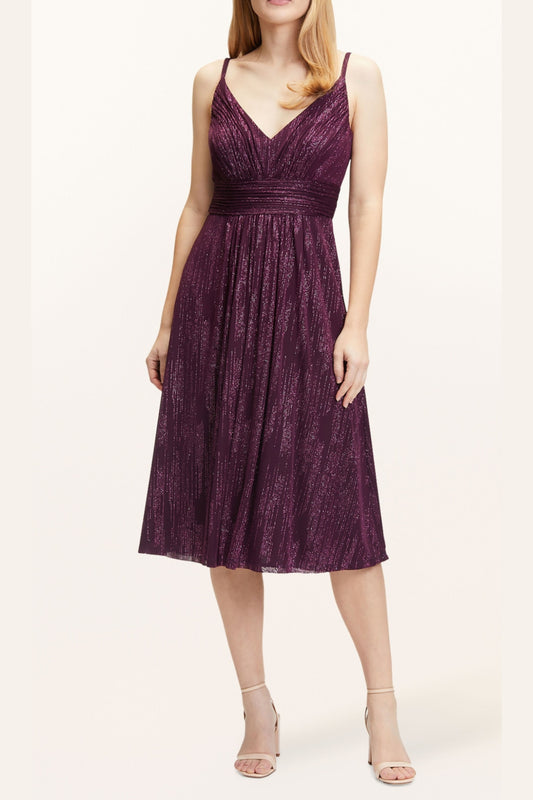 v-neckline cocktail midi dress in bordeaux