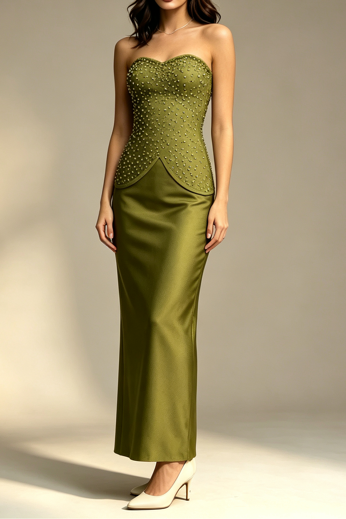 Olive Green Strapless Sweetheart Full Rhinestone Beaded Peplum Waist Mermaid Floor Length Formal Gown