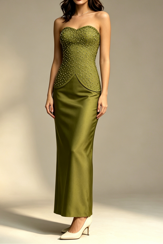 Olive Green Strapless Sweetheart Full Rhinestone Beaded Peplum Waist Mermaid Floor Length Formal Gown