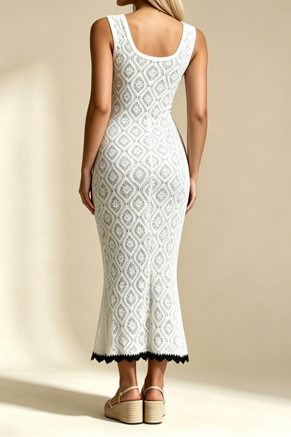 White Hollow Crochet Square Neck Sleeveless Mermaid Midi Dress With Black Fringe Hem