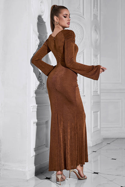 Long sleeve mermaid maxi dress in brown