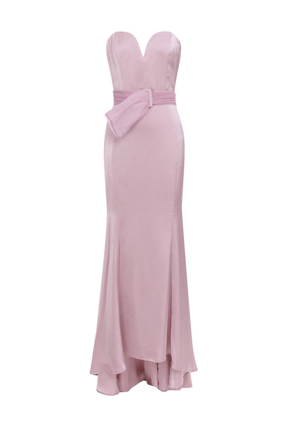 Satin off shoulder maxi dresses in pink