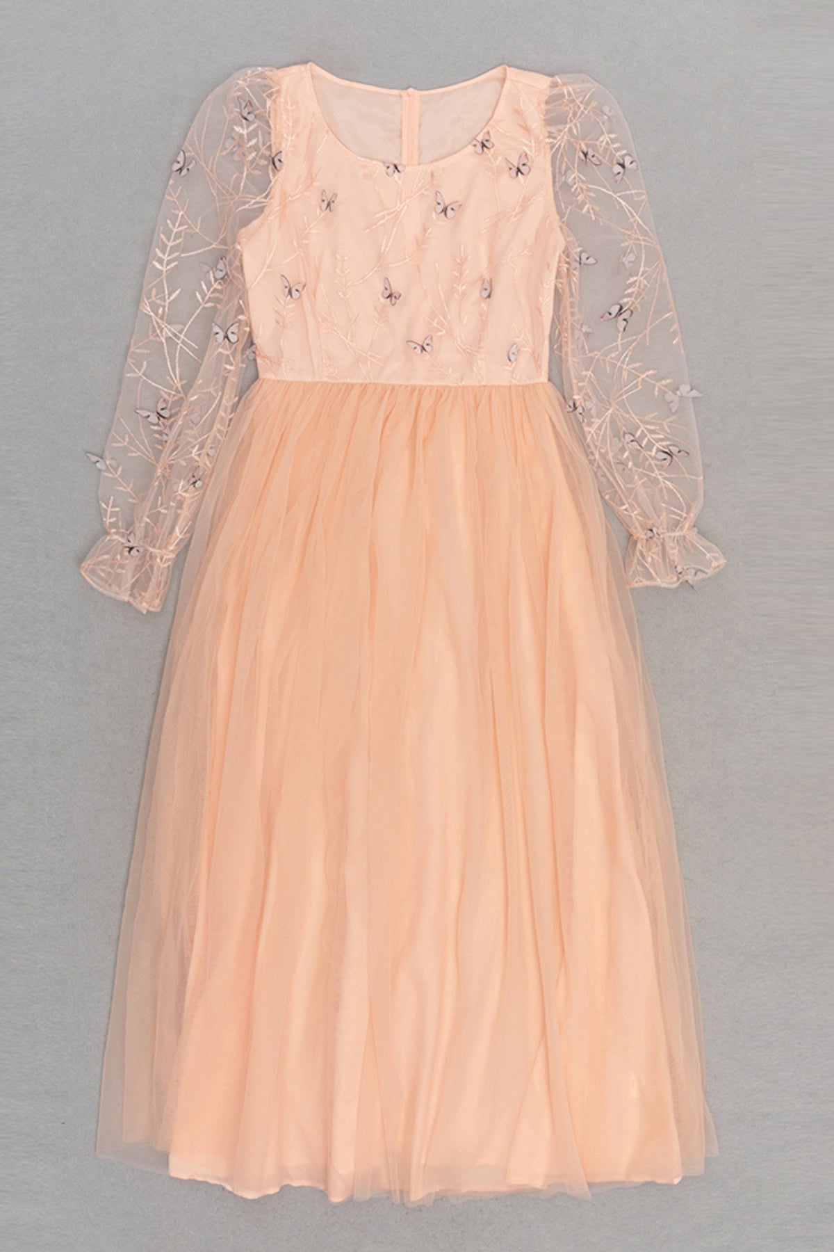 Embroidered tulle long sleeve maxi dress