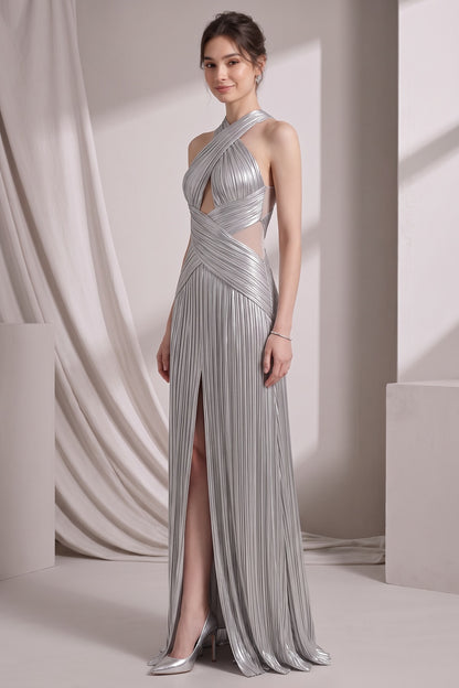 Silver Metallic Plissé Column Gown silver metallic plissé gown - product view 4
