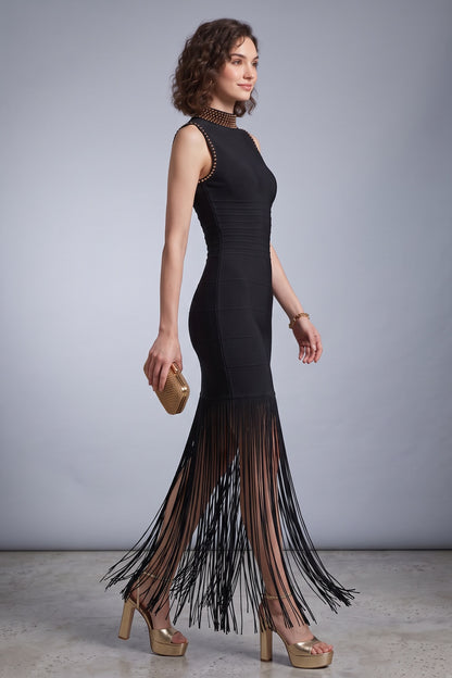 Black Heavy Bandage Knit Maxi Dress with Fringe Hem and Gold Embellishments black heavy bandage knit dress - product view 4