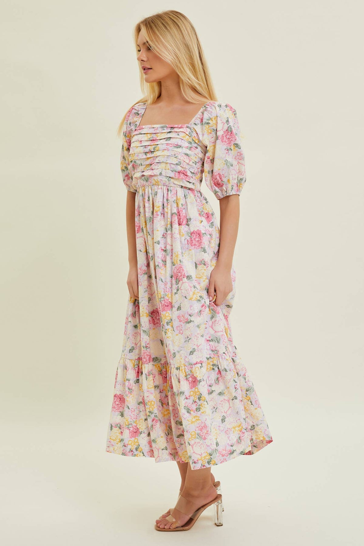 Pleated Bodice Floral Midi Dress