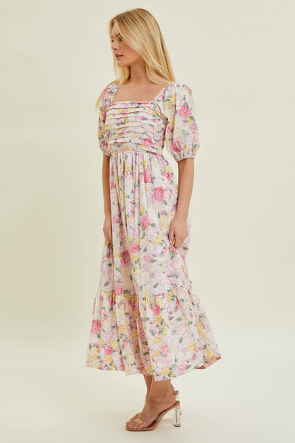 Pleated Bodice Floral Midi Dress