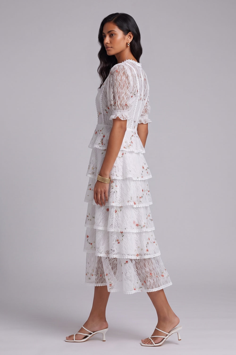 White Tiered Floral Midi Dress Premium Fabric - product view 1