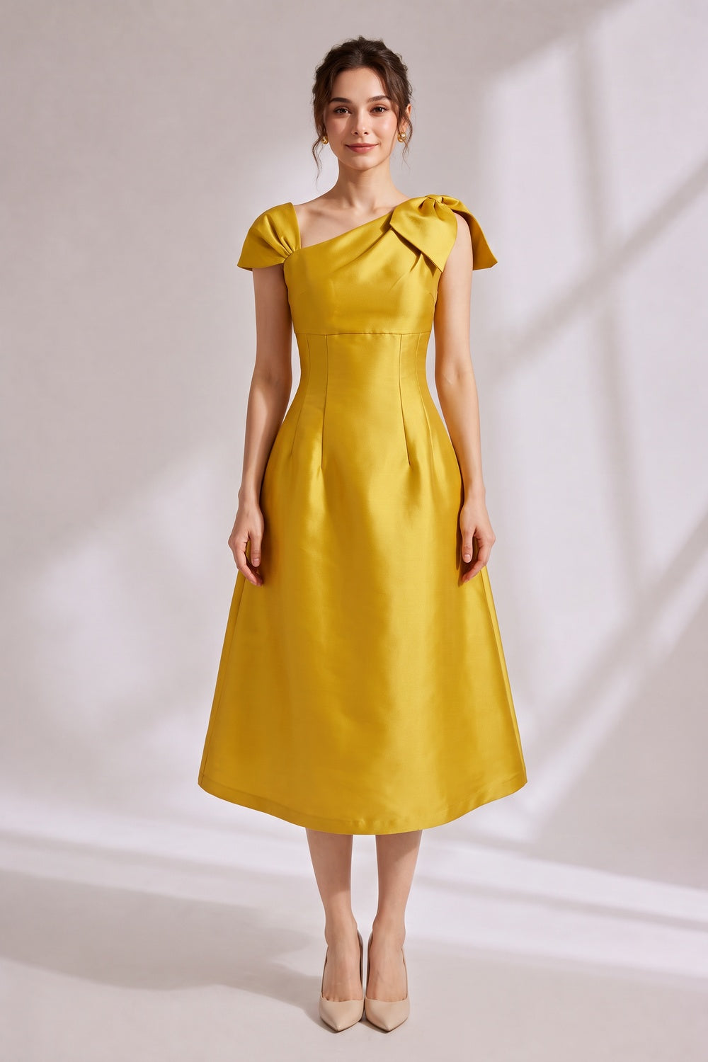 Yellow Asymmetrical Bow Satin Midi Party Dress