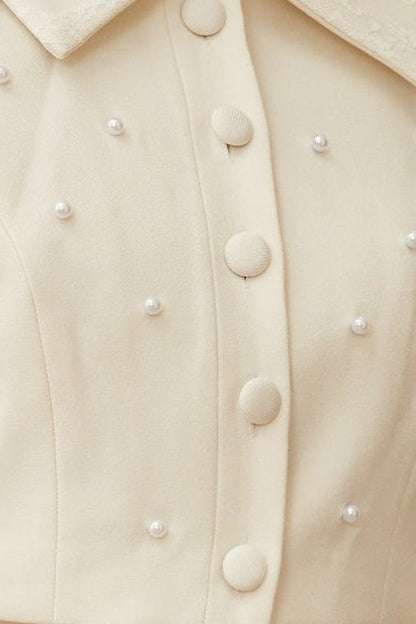 Pearl Embellished Collar Crop Blazer &amp; High Waist Pleated Midi Skirt Two Piece Set