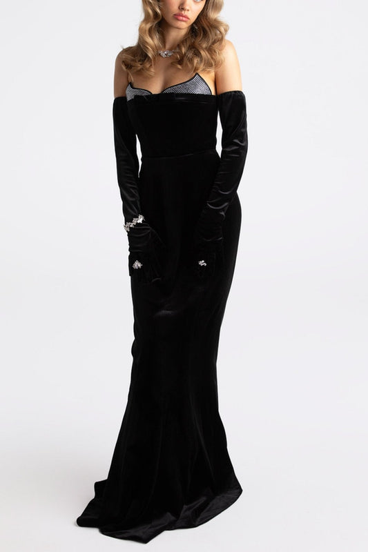 ellen high slit velvet strapless maxi dress in black