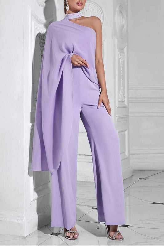 halter shawl jumpsuit in purple