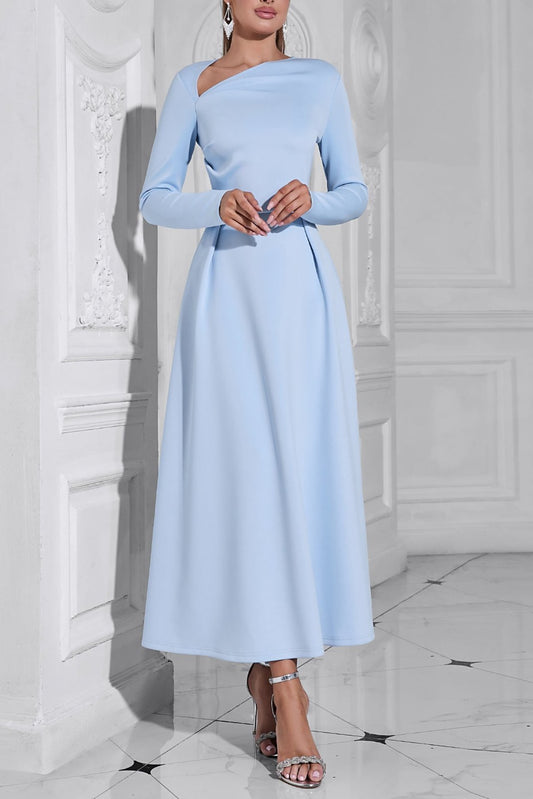 long sleeve satin a-line maxi dress in blue