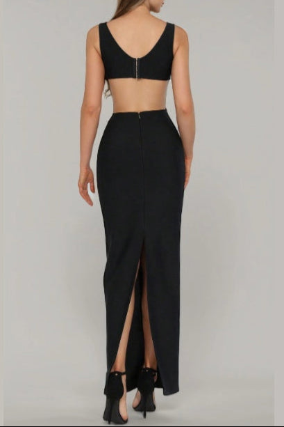 flower V-neck Hollow Out maxi Dress in black