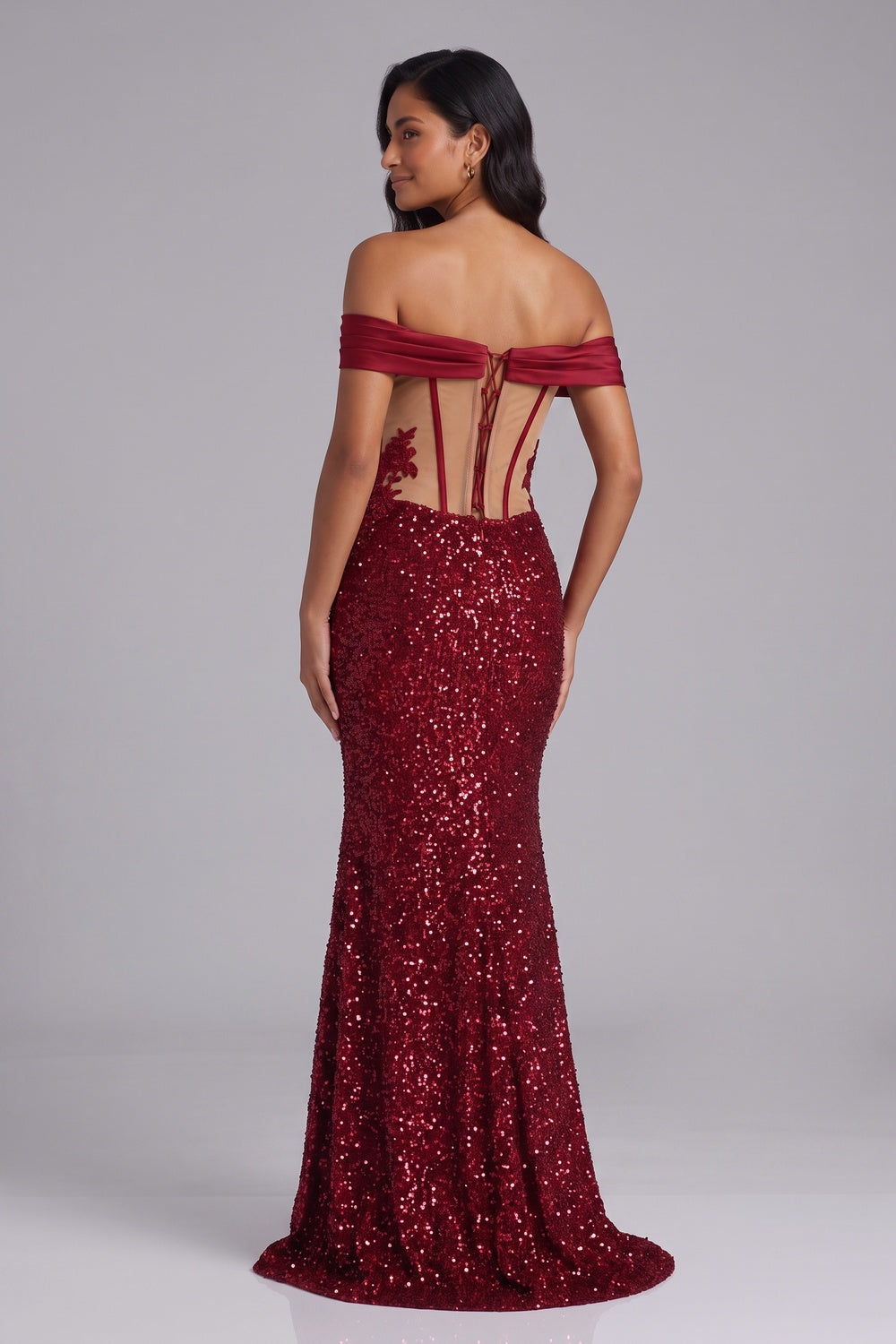 Deep Red Sequin Off-the-Shoulder Mermaid Gown Premium Fabric - product view 2