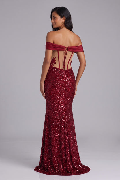 Deep Red Sequin Off-the-Shoulder Mermaid Gown Premium Fabric - product view 2