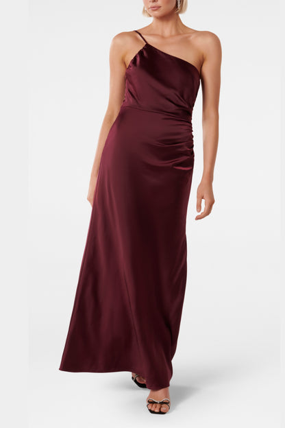 bordeaux one shoulder satin maxi dress