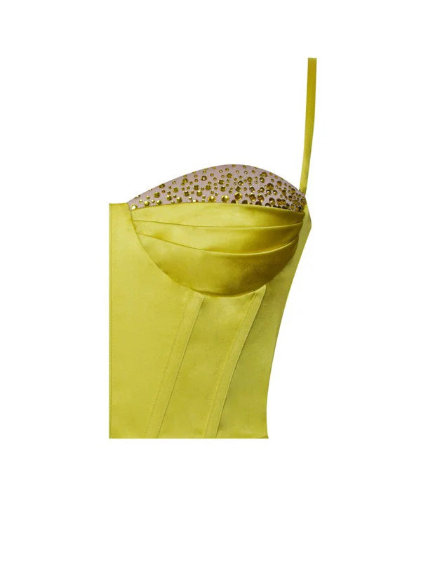 Lemon yellow pleated satin mini Dress