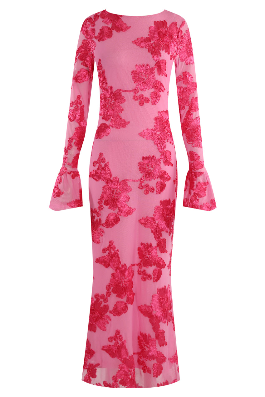 Floral Lace Lined Flute Cuffs Midi Dress