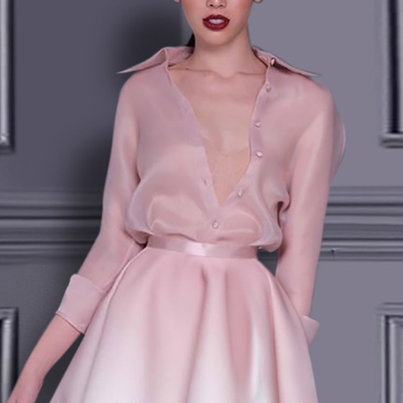 roberta pink long sleeve silk shirt mini skirt set