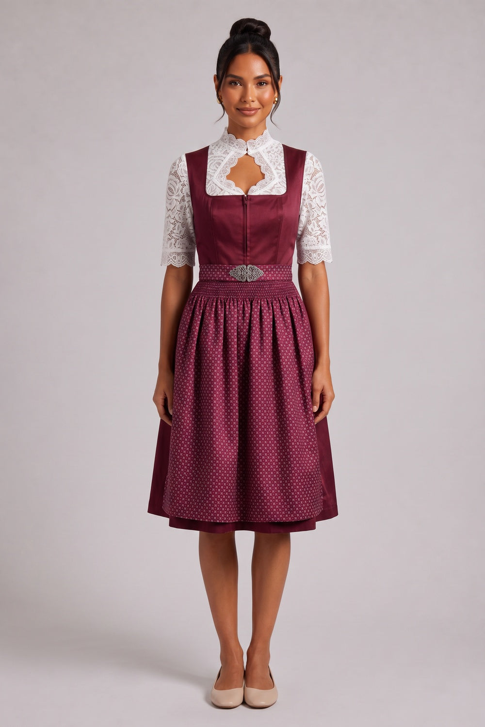 burgundy satin-finish polyester or taffeta fit-and-flare dirndl dress set burgundy, white satin-finish polyester or taffeta dirndl dress set - product view 1