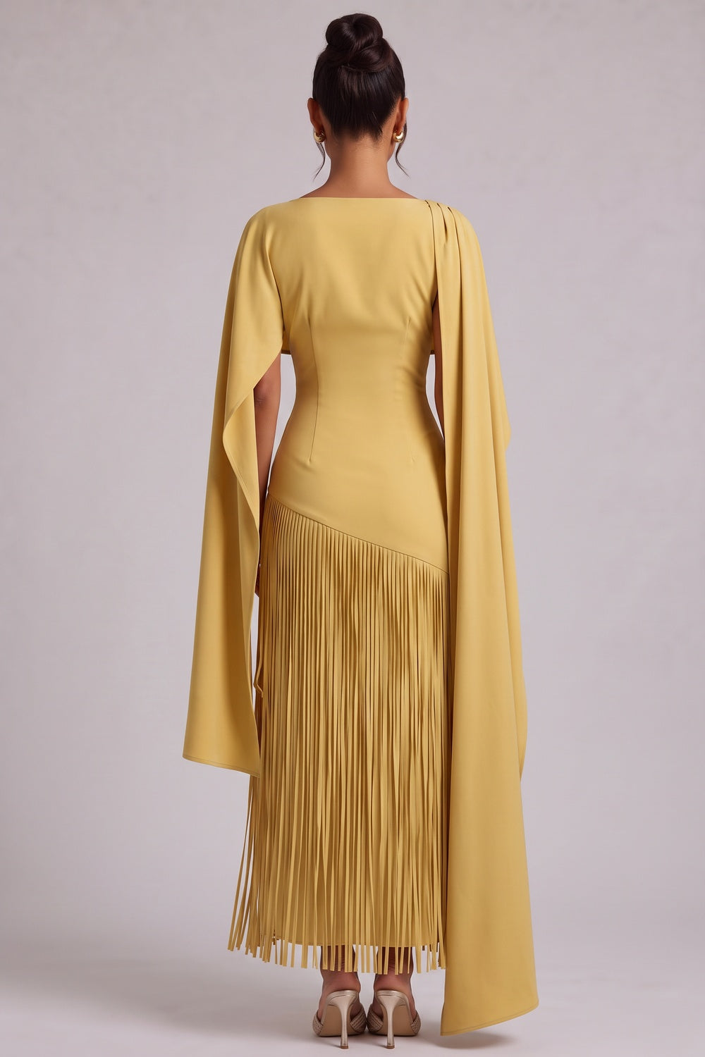 Yellow Fringe Maxi Dress with Cape Detail Premium Fabric - product view 2