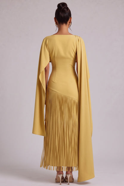Yellow Fringe Maxi Dress with Cape Detail Premium Fabric - product view 2