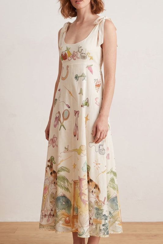 Bow Strap Whimsical Print Empire Midi Dress
