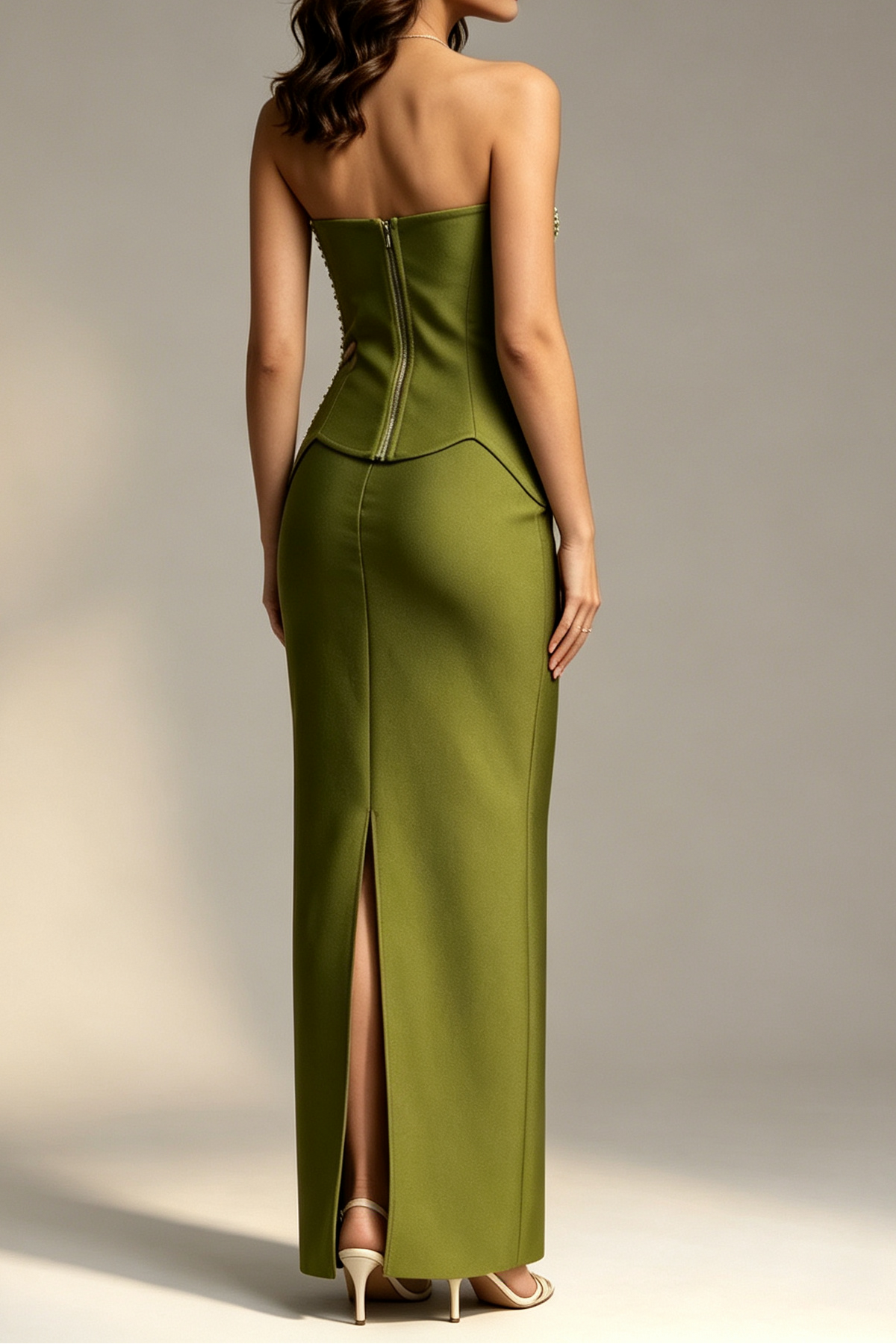 Olive Green Strapless Sweetheart Full Rhinestone Beaded Peplum Waist Mermaid Floor Length Formal Gown