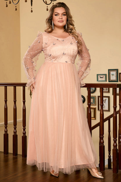 Embroidered tulle long sleeve maxi dress