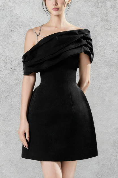 ASYMMETRIC NECK TAFFETA MINI DRESS IN BLACK