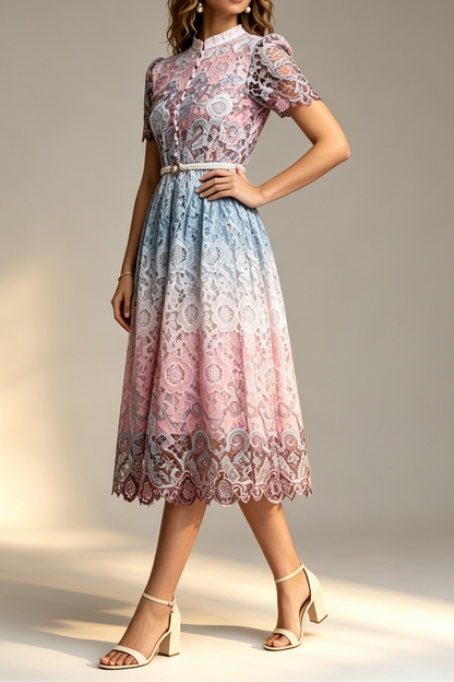 Ombre Gradient Floral Lace Stand Collar Short Puff Sleeve Pearl Button Rhinestone Belt A-Line Midi Dress