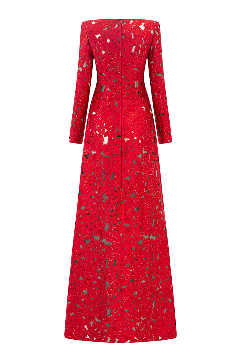 Red Laser-Cut Structured Fabric A-Line Gown