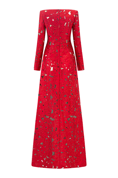 Red Laser-Cut Structured Fabric A-Line Gown