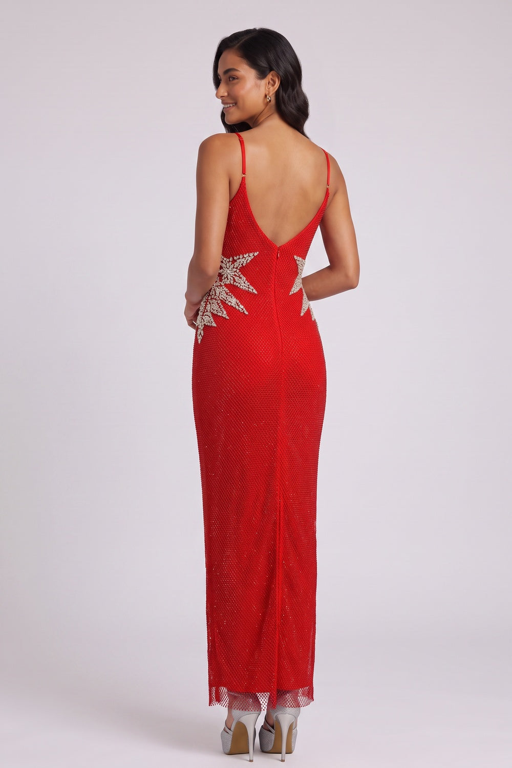 Red Beaded Mermaid Gown with Sparkle Detail Premium Fabric - product view 3