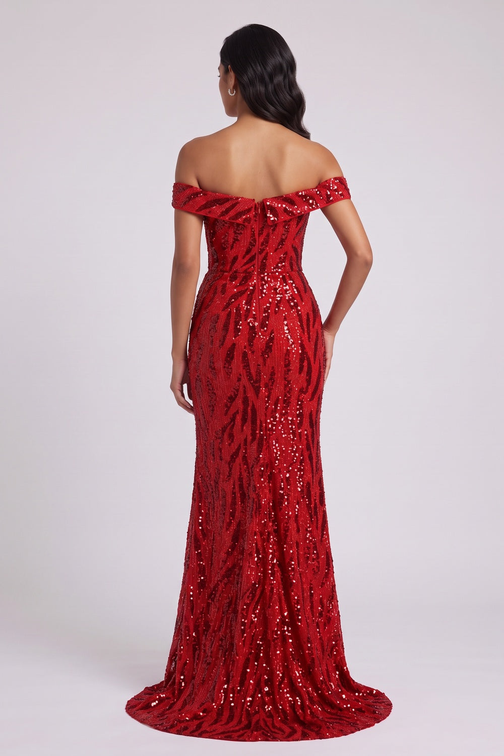 Red Sequin Off-the-Shoulder Mermaid Gown Premium Fabric - product view 1