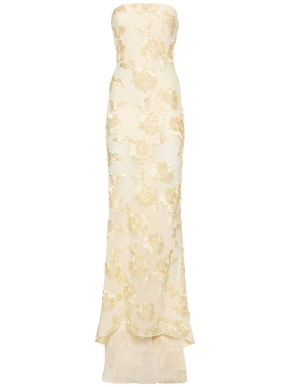 EMBROIDERED STRAPLESS GOWN IN APRICOT