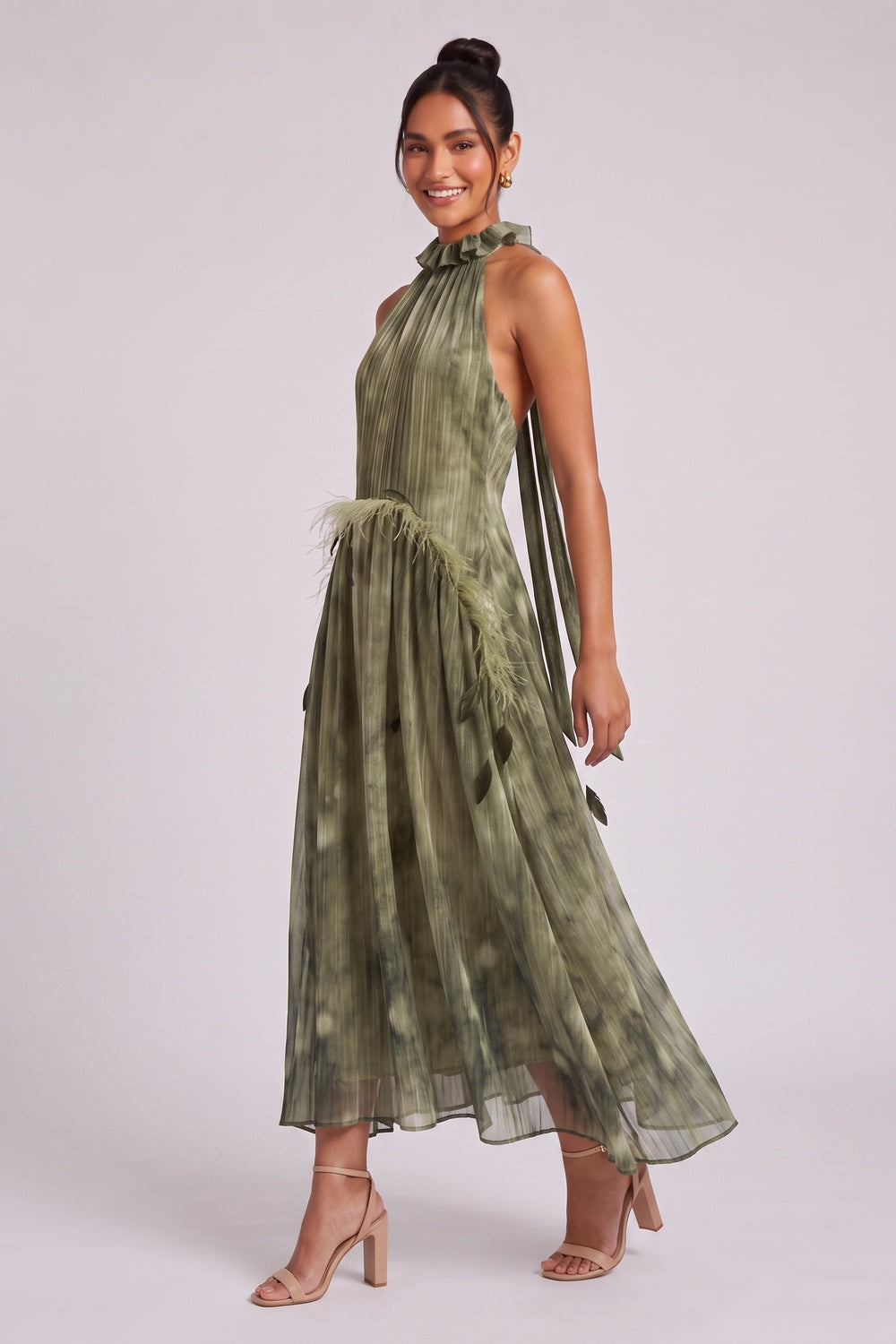 Olive Green Chiffon A-Line Halter Midi Dress olive green, moss green chiffon dress - product view 3