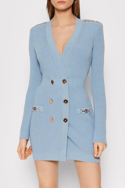 CAROLINE KNIT METAL BOTTOM MINI DRESS IN BLUE