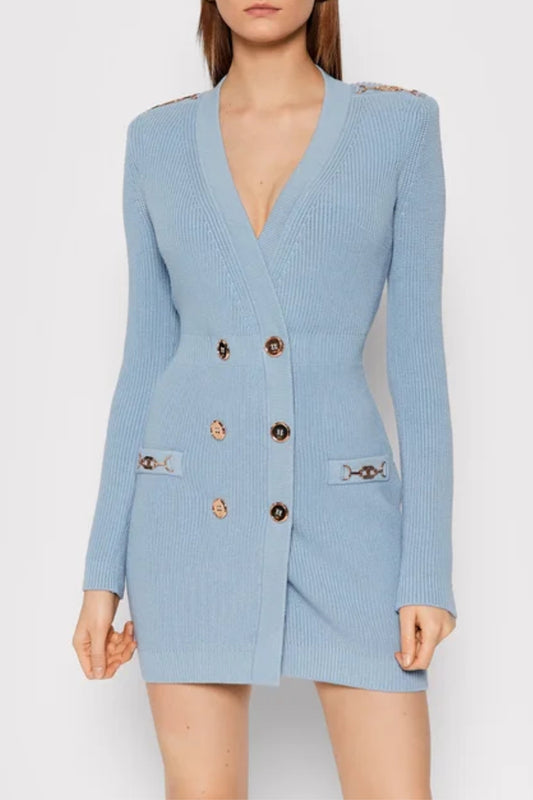 CAROLINE KNIT METAL BOTTOM MINI DRESS IN BLUE