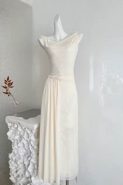 White Off-Shoulder Draped Maxi Dress