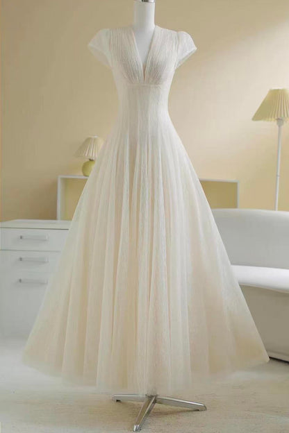 Glitter Tulle Cap Sleeve V-Neck Empire Waist Flowy Maxi Dress